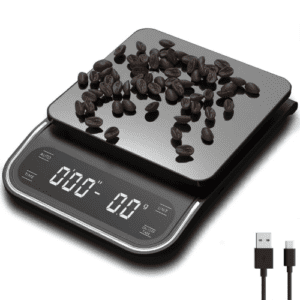 Digital Kitchen and Coffee Scale | 5KG/0.1g Precision | Rechargeable USB Lithium Battery | LCD Display | 4 Units, Tare, Auto Off, Timer Function | Stainless Steel + ABS plastic | Model RC-X | Black.